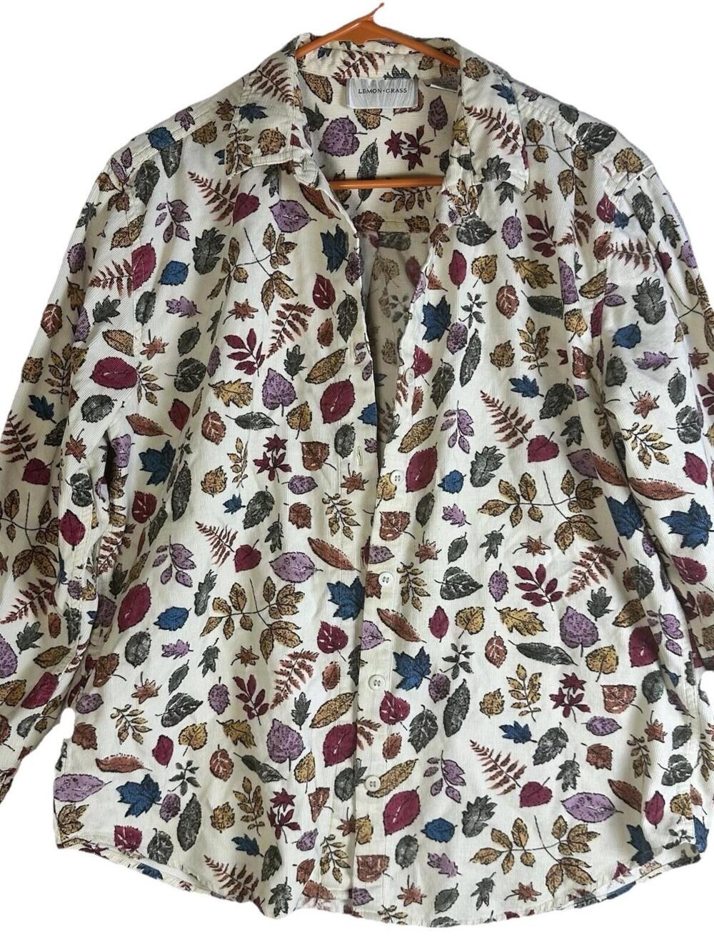 Vintage 90’s  Lemon Grass Corduroy Leaf Print Shacket Cottage Teacher Camp  Sz M